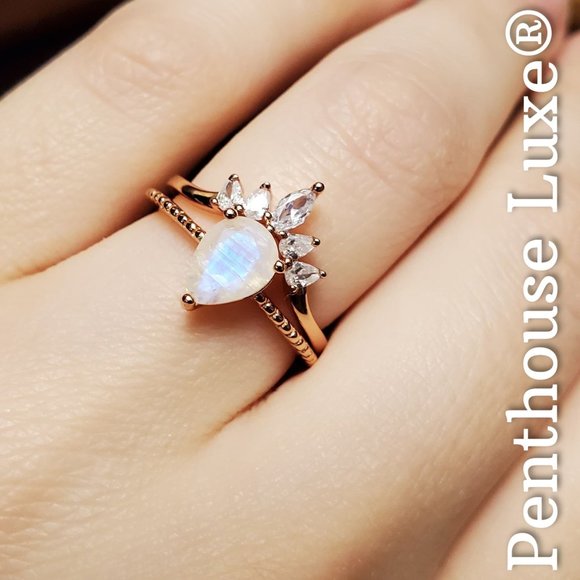 REAL Moonstone White Topaz Ring Set - Picture 1 of 7